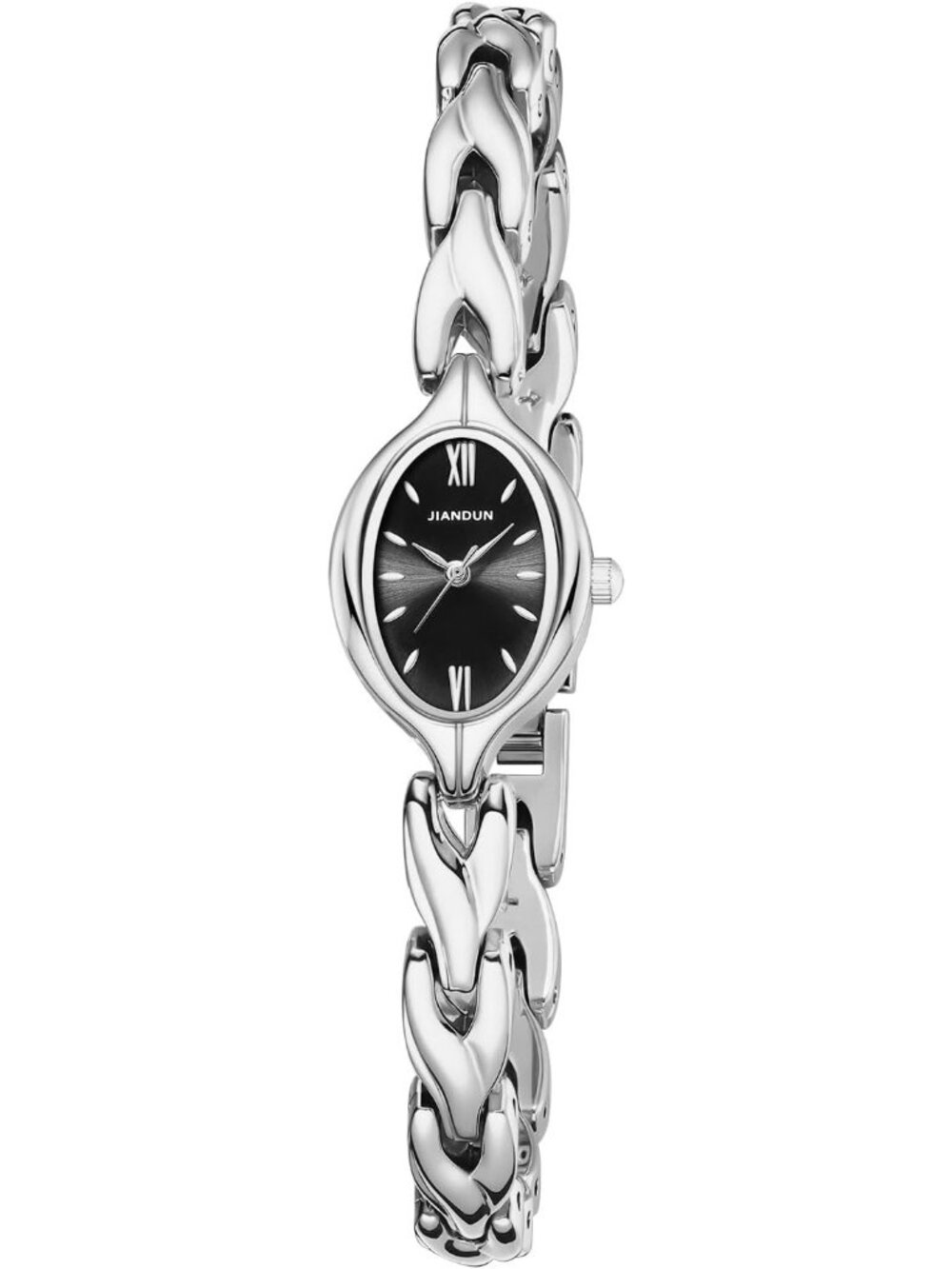 Women's Silver Black Analog Quartz Stainless Steel Vintage Oval Bracelet Watch - Picture 1 of 6